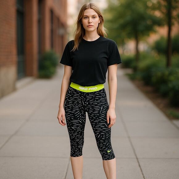 Women’s Nike Printed cropped Activewear Leggings Neon Green Black White Small - Picture 1 of 6